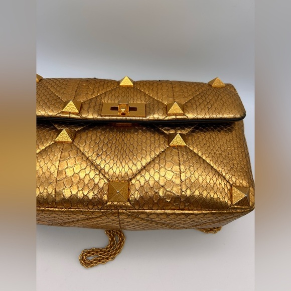 Valentino Roman Stud metallic gold python leather Bag Large Full Set - Picture 8 of 16
